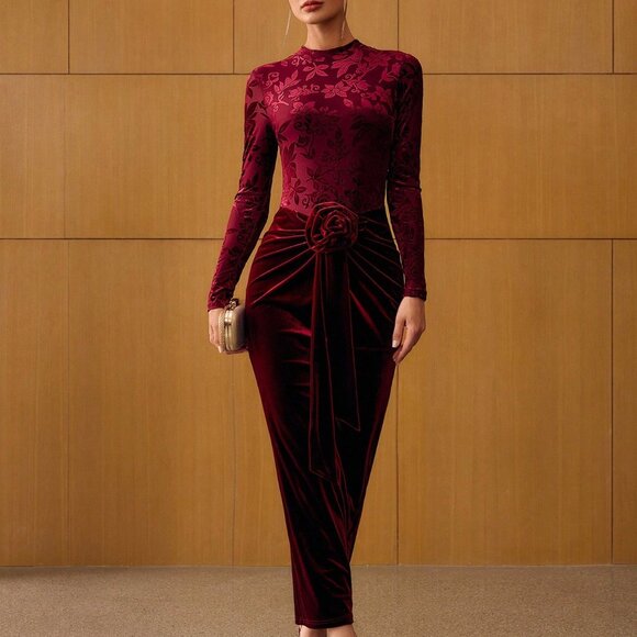 Burgundy Elegant Women's Jacquard Floral Decor Velvet Maxi Dress - Picture 5 of 6